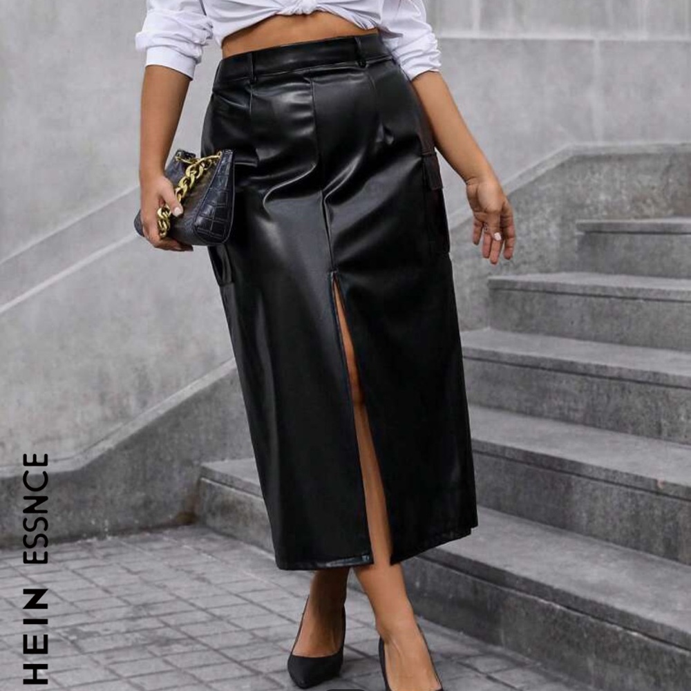 NEW SHEIN Essnce Plus Split Thigh PU Leather Skirt